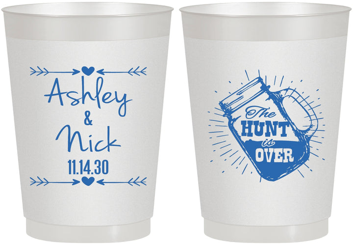 Personalized Wedding 10 oz Frosted Cups - The Hunt Is Over Mason Jar | 218