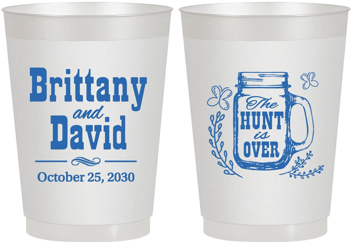 Personalized Wedding 10 oz Frosted Cups - The Hunt Is Over Mason Jar | 223