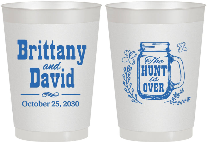 Personalized Wedding 10 oz Frosted Cups - The Hunt Is Over Mason Jar | 223