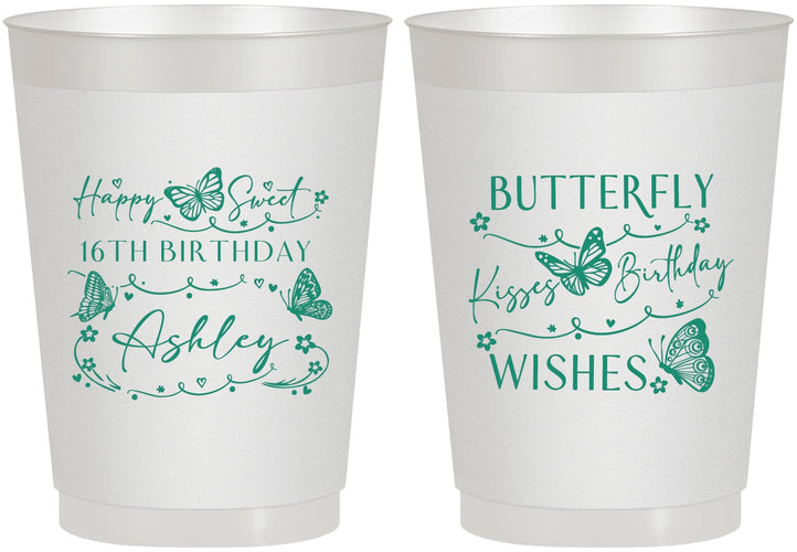 Personalized 16th Birthday 10 oz Frosted Cups - Butterfly Wishes | 300001