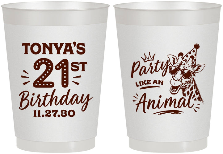 Personalized 21st Birthday 10 oz Frosted Cups - Party Like An Animal Giraffe | 340022