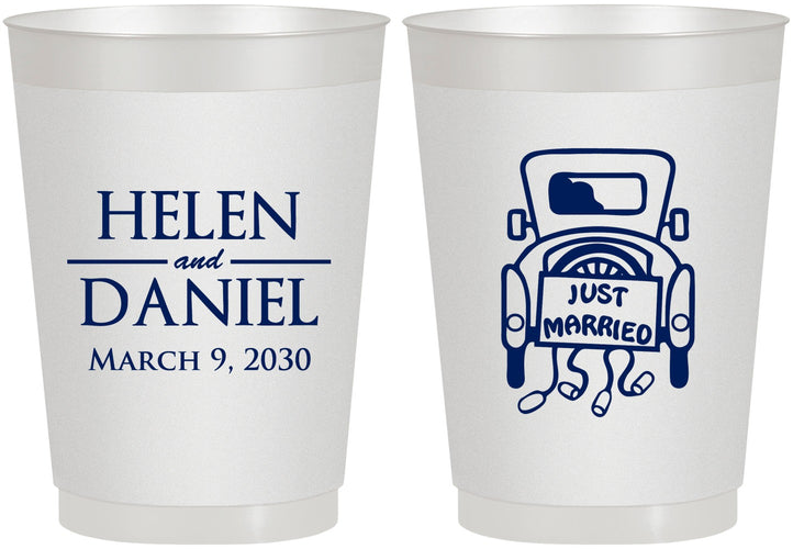 Personalized Wedding 10 oz Frosted Cups - Just Married Old Car | 413