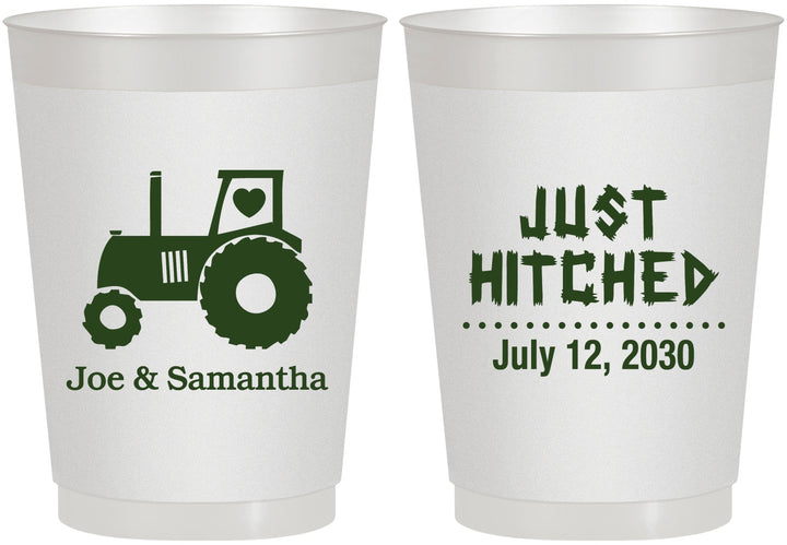 Personalized Wedding 10 oz Frosted Cups - Just Hitched Tractor | 429