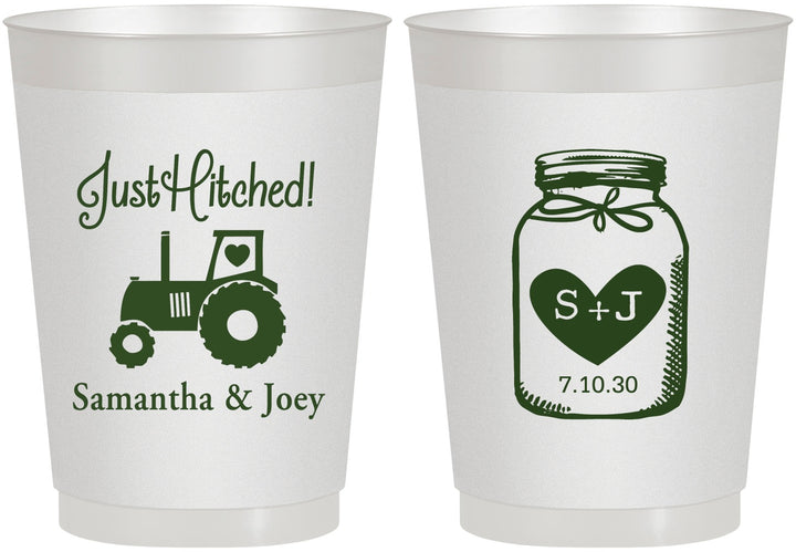 Personalized Wedding 10 oz Frosted Cups - Just Hitched Mason Jar | 483