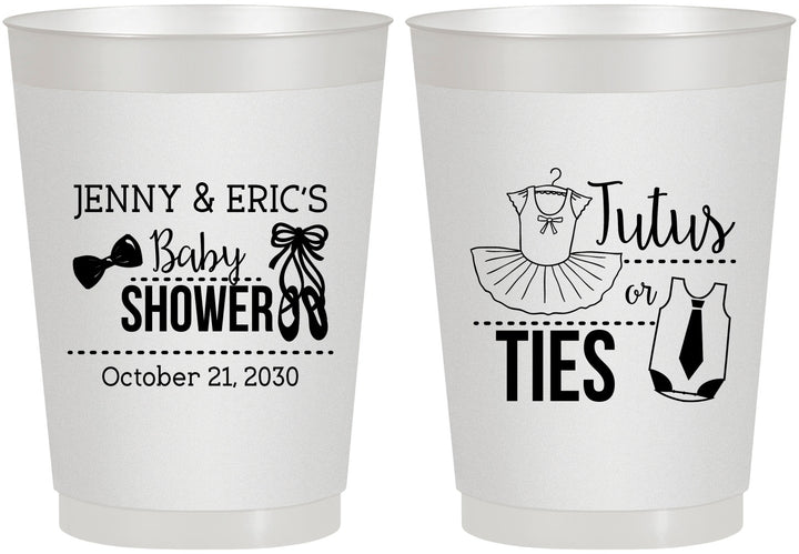 Personalized Baby Shower 10 oz Frosted Cups - Gender Reveal Tutus Or Ties | 90033
