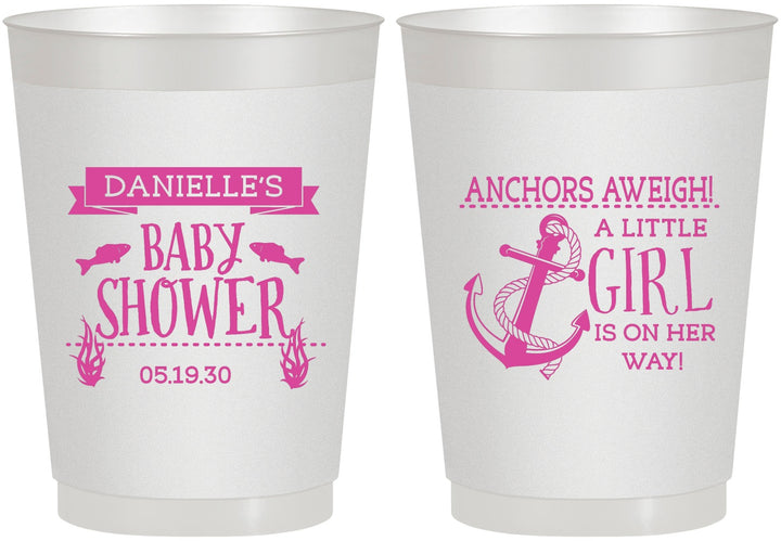 Personalized Baby Shower 10 oz Frosted Cups - Anchors Aweigh Little Girl | 90056