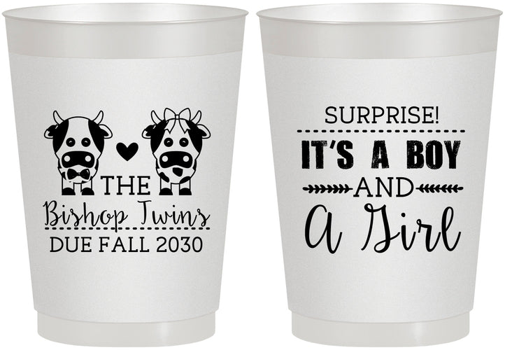 Personalized Baby Shower 10 oz Frosted Cups - Twins Baby Cows | 90067