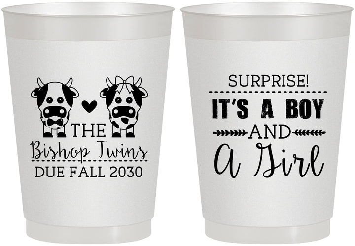 Personalized Baby Shower 10 oz Frosted Cups - Twins Baby Cows | 90067