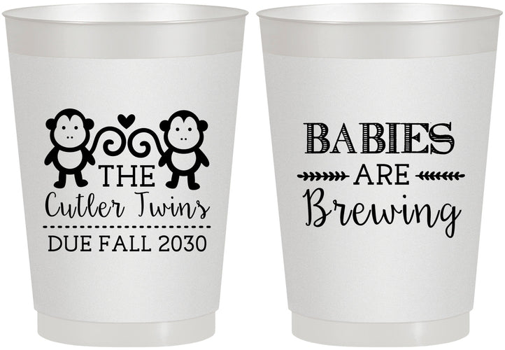Personalized Baby Shower 10 oz Frosted Cups - Twins Baby Monkeys | 90068