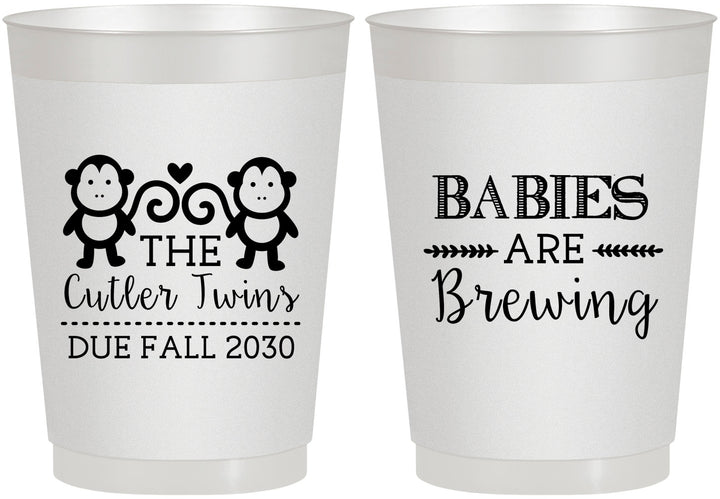 Personalized Baby Shower 10 oz Frosted Cups - Twins Baby Monkeys | 90068
