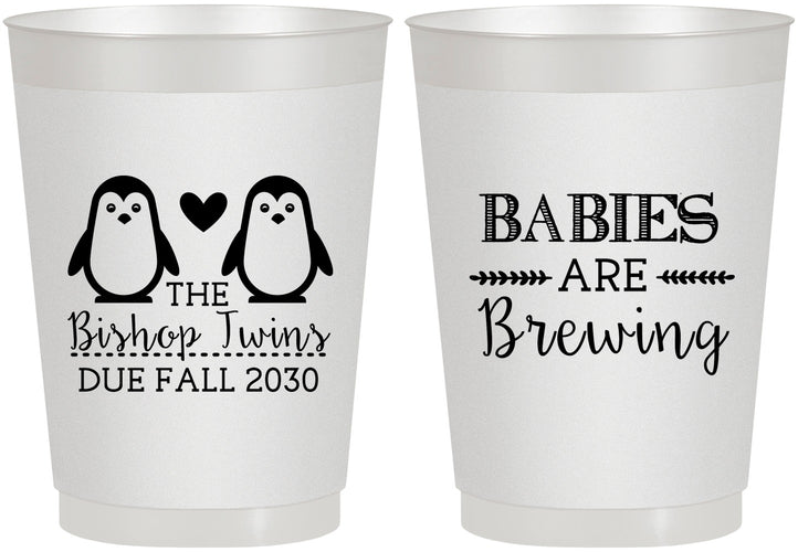 Personalized Baby Shower 10 oz Frosted Cups - Twins Baby Penguins | 90070