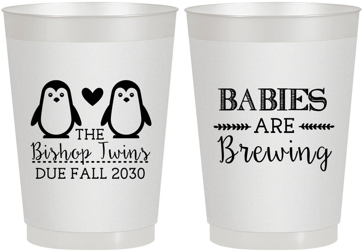Personalized Baby Shower 10 oz Frosted Cups - Twins Baby Penguins | 90070