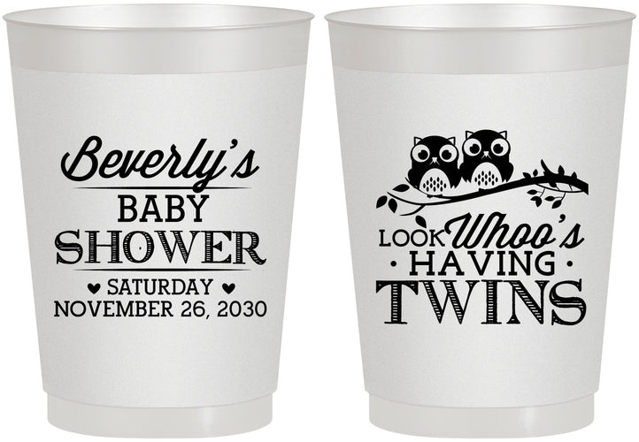 Personalized Baby Shower 10 oz Frosted Cups - Twins Baby Owls | 90074