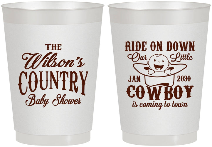Personalized Baby Shower 10 oz Frosted Cups - Cowboy Coming To Town | 90105