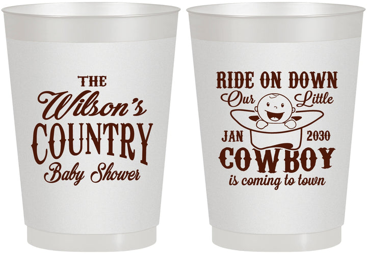 Personalized Baby Shower 10 oz Frosted Cups - Cowboy Coming To Town | 90105
