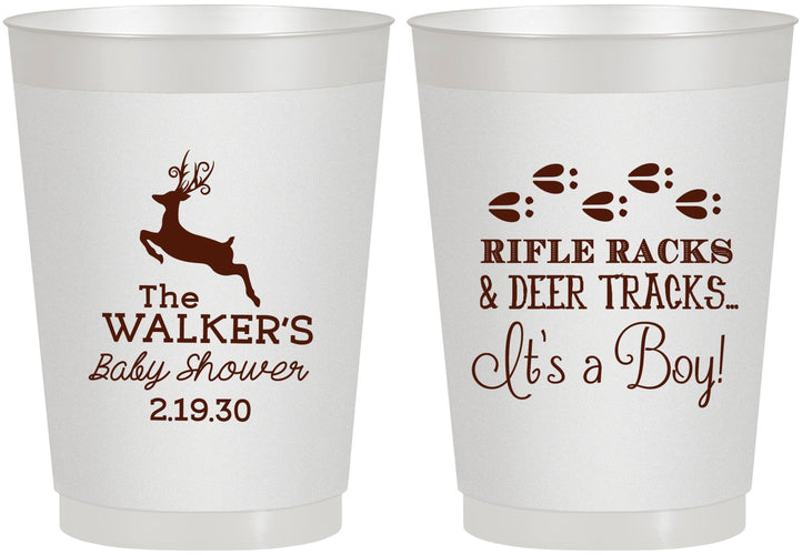 Personalized Baby Shower 10 oz Frosted Cups - Rifle Racks Deer Tracks | 90128