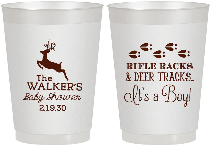 Personalized Baby Shower 10 oz Frosted Cups - Rifle Racks Deer Tracks | 90128