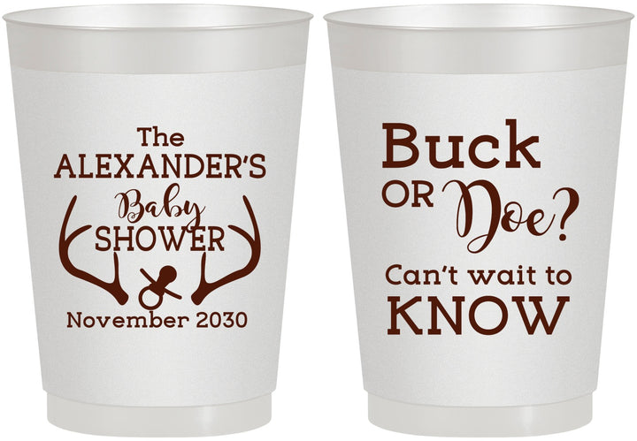 Personalized Baby Shower 10 oz Frosted Cups - Gender Reveal Buck Or Doe | 90131