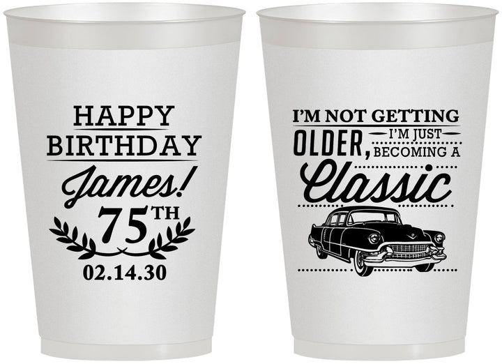 Personalized Birthday 12 oz Frosted Cups - 75th Classic Car | 20055