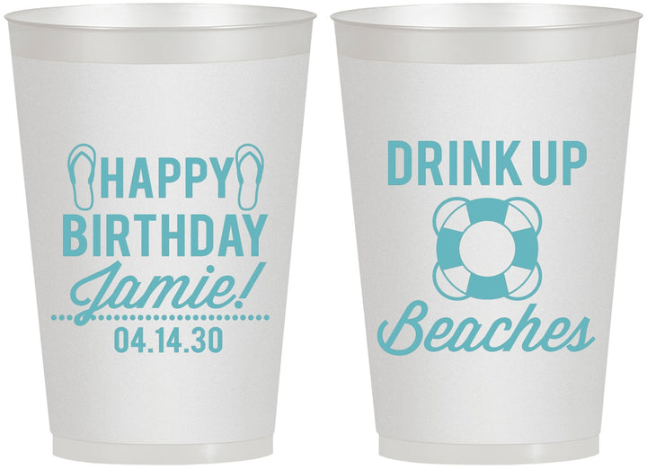 Personalized Birthday 12 oz Frosted Cups - Drink Up Beaches | 20207