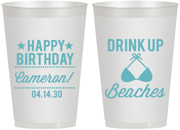 Personalized Birthday 12 oz Frosted Cups - Drink Up Beaches | 20208