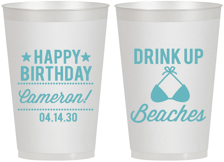 Personalized Birthday 12 oz Frosted Cups - Drink Up Beaches | 20208