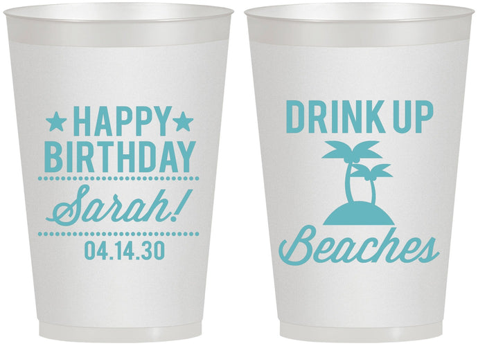 Personalized Birthday 12 oz Frosted Cups - Drink Up Beaches | 20209
