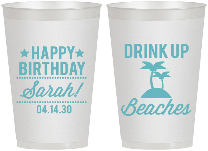 Personalized Birthday 12 oz Frosted Cups - Drink Up Beaches | 20209