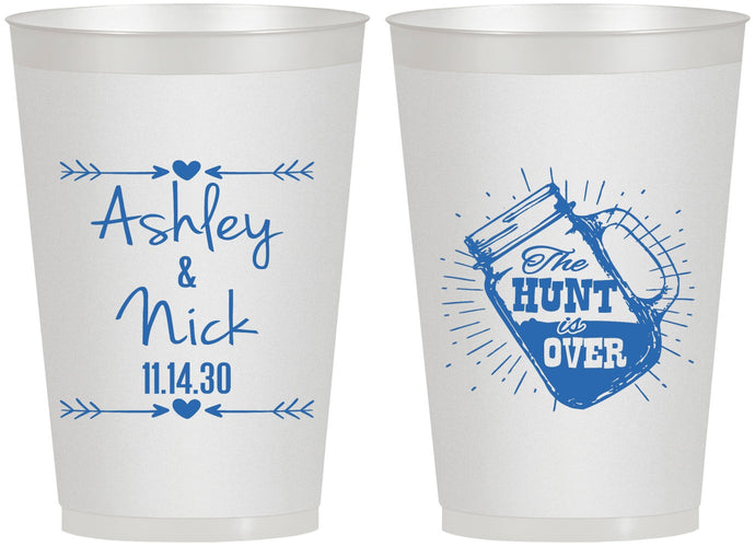 Personalized Wedding 12 oz Frosted Cups - The Hunt Is Over Mason Jar | 218