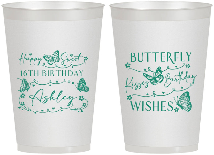 Personalized 16th Birthday 12 oz Frosted Cups - Butterfly Wishes | 300001