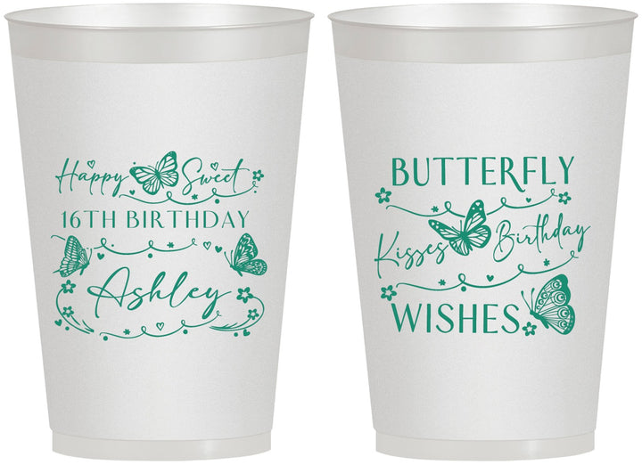 Personalized 16th Birthday 12 oz Frosted Cups - Butterfly Wishes | 300001