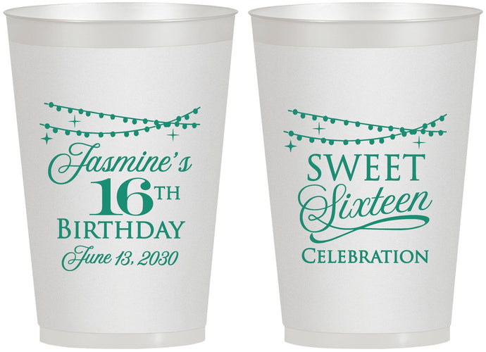 Personalized 16th Birthday 12 oz Frosted Cups - String Lights | 300009