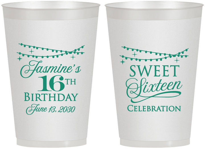Personalized 16th Birthday 12 oz Frosted Cups - String Lights | 300009