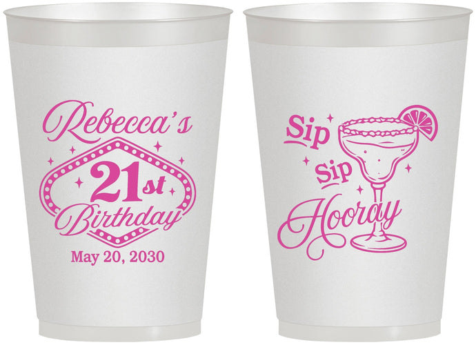 Personalized 21st Birthday 12 oz Frosted Cups - Sip Sip Hooray Vegas | 340006