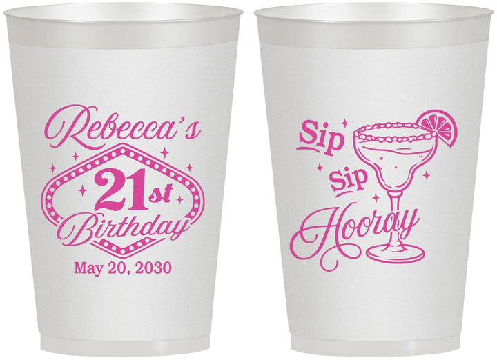 Personalized 21st Birthday 12 oz Frosted Cups - Sip Sip Hooray Vegas | 340006