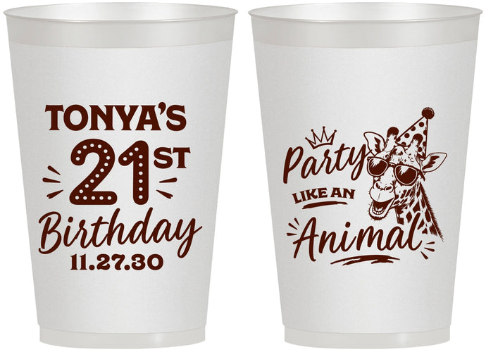 Personalized 21st Birthday 12 oz Frosted Cups - Party Like An Animal Giraffe | 340022