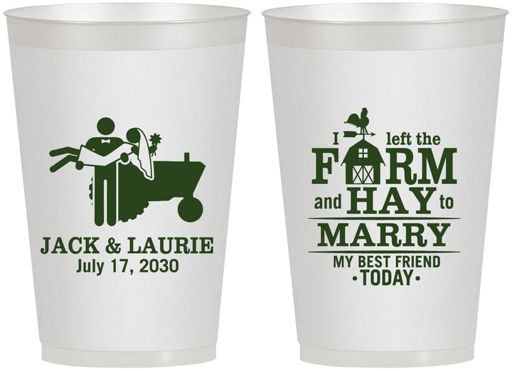 Personalized Wedding 12 oz Frosted Cups - Left The Farm Tractor | 347