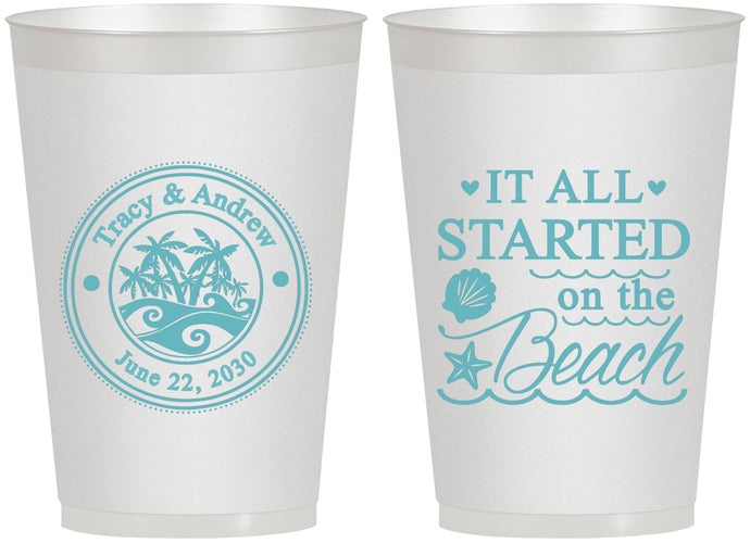 Personalized Wedding 12 oz Frosted Cups - Started On The Beach | 362