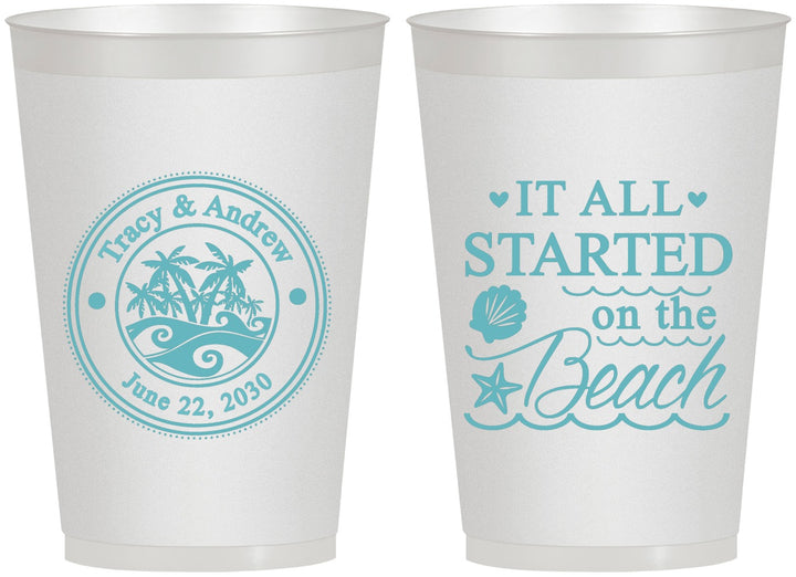 Personalized Wedding 12 oz Frosted Cups - Started On The Beach | 362