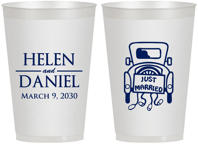 Personalized Wedding 12 oz Frosted Cups - Just Married Old Car | 413