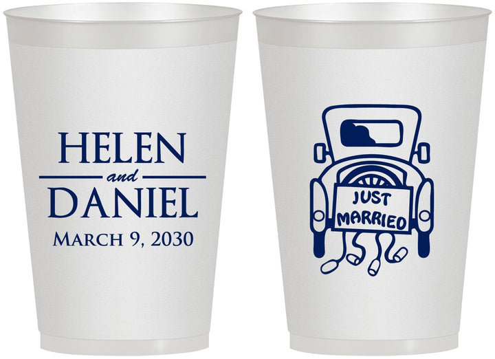 Personalized Wedding 12 oz Frosted Cups - Just Married Old Car | 413