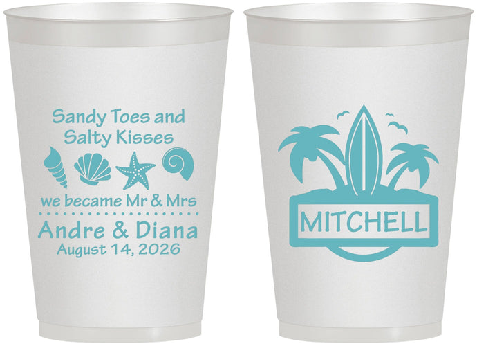 Personalized Wedding 12 oz Frosted Cups - Sandy Toes Salty Kisses | 419