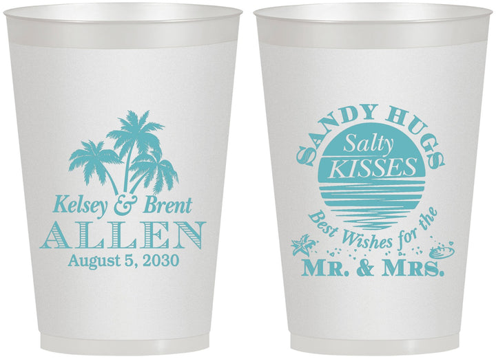 Personalized Wedding 12 oz Frosted Cups - Sandy Hugs Salty Kisses | 425