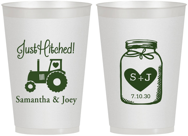 Personalized Wedding 12 oz Frosted Cups - Just Hitched Mason Jar | 483
