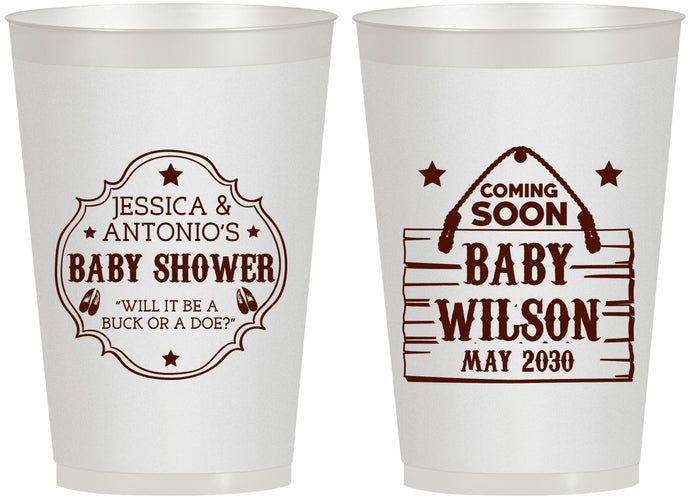 Personalized Baby Shower 12 oz Frosted Cups - Gender Reveal Buck Or Doe | 90002