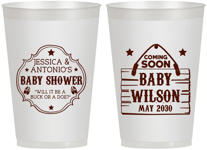 Personalized Baby Shower 12 oz Frosted Cups - Gender Reveal Buck Or Doe | 90002