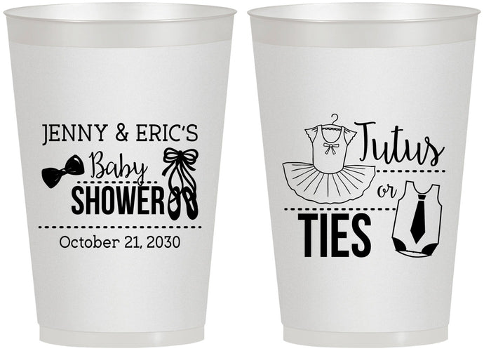 Personalized Baby Shower 12 oz Frosted Cups - Gender Reveal Tutus Or Ties | 90033