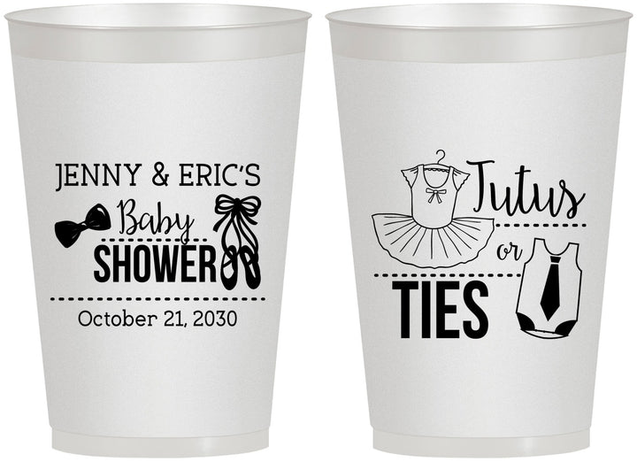 Personalized Baby Shower 12 oz Frosted Cups - Gender Reveal Tutus Or Ties | 90033