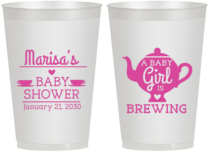 Personalized Baby Shower 12 oz Frosted Cups - Baby Girl Is Brewing | 90034