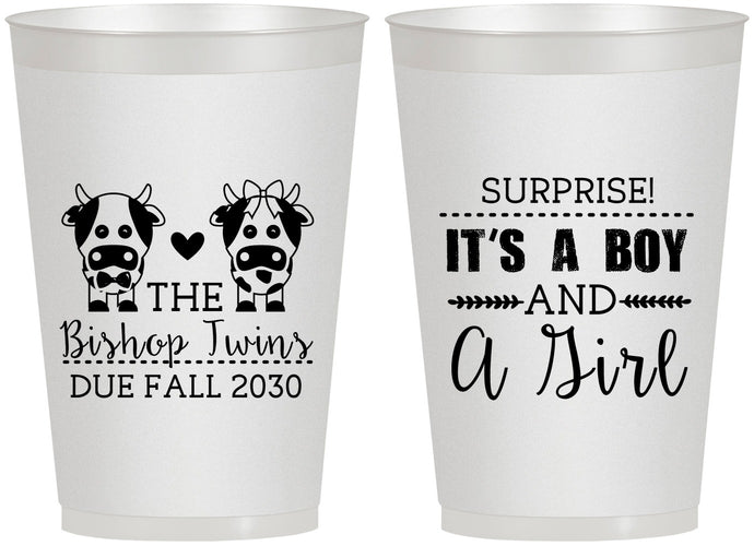 Personalized Baby Shower 12 oz Frosted Cups - Twins Baby Cows | 90067